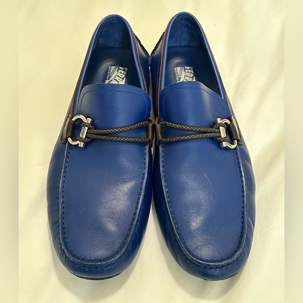 Salvatore Ferragamo Blue Leather Gancini Bit Slip On Loafers